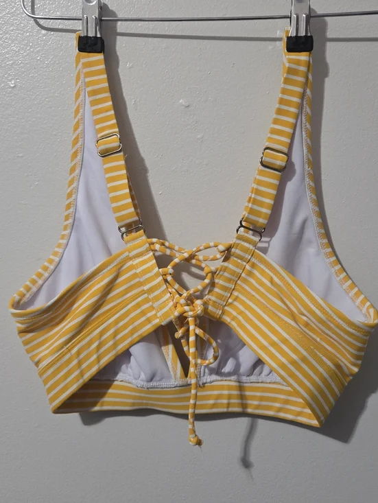 Black & White Striped Twist-Front Crop Top. Yellow & White Striped Bikini Top. - Picture 6 of 7